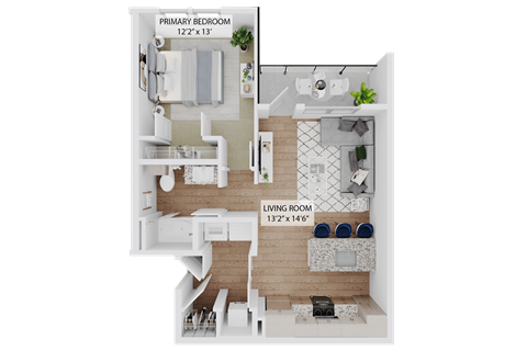Floor plan for 1 bed, 1 bath, 761 sqft